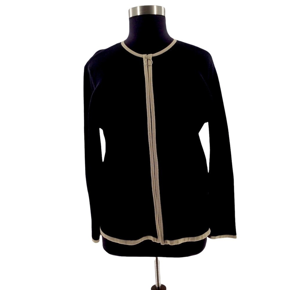 Lane‎ Bryant Ribbed Crew Neck Black and Beige Zip Front Cardigan